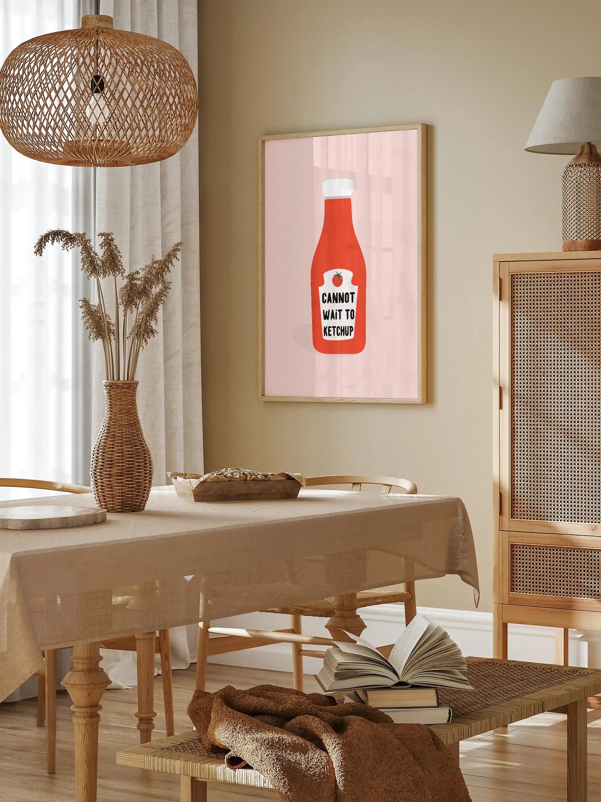 Playful red ketchup bottle illustration with a humorous quote